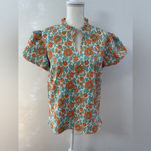 LOVELO  Puff Sleeve Ruffle Neck Blouse Orange Blue White M Polyester